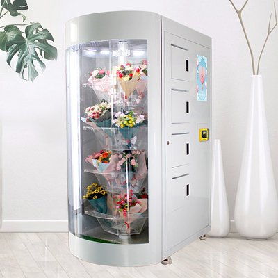 透明な棚が付いている冷やされていた湿らせられた花の花束の自動販売機